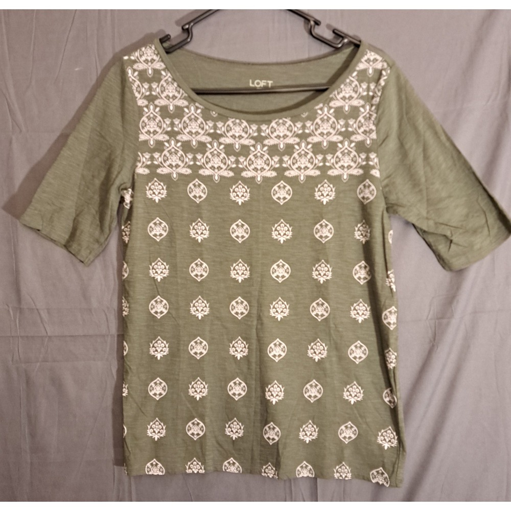 Loft Printed Round Neck T-Shirt Boho Women's Size Small Green